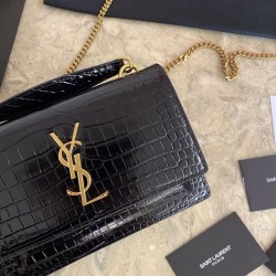 Fake YSL Small crocodile Satchel Bag Black Gold Replica