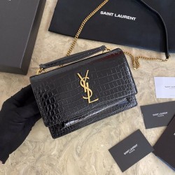 Fake YSL Small crocodile Satchel Bag Black Gold Replica