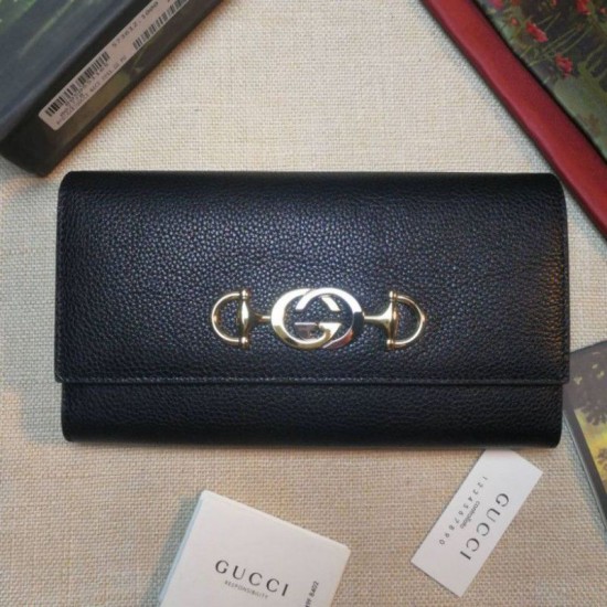 Fake Gucci Zumi Grainy Leather Continental Wallet 573612 Black Replica