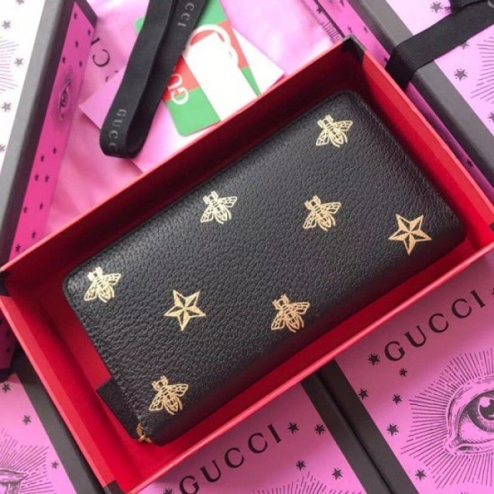 Fake Gucci Bee Star zip around wallet black 495062 Replica Fake Gucci Bee Star zip around wallet black 495062 Replica