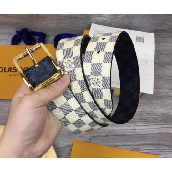 Fake Louis Vuitton M0040Q Reverso 40mm Reversible Mens Belt Damier Azur And Damier Graphite Canvas Gold Buckle Replica