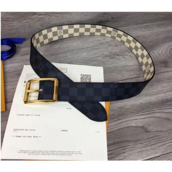 Fake Louis Vuitton M0040Q Reverso 40mm Reversible Mens Belt Damier Azur And Damier Graphite Canvas Gold Buckle Replica