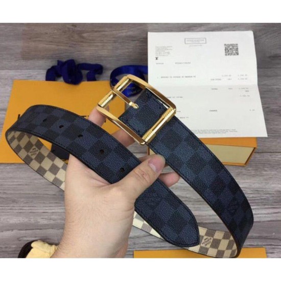 Fake Louis Vuitton M0040Q Reverso 40mm Reversible Mens Belt Damier Azur And Damier Graphite Canvas Gold Buckle Replica