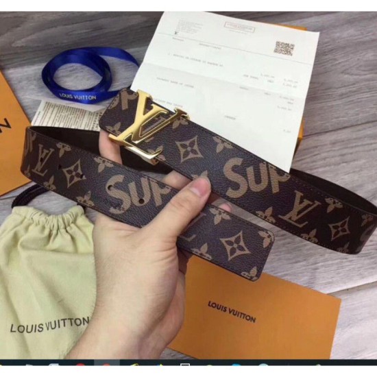 Fake Louis Vuitton Supreme x Monogram Belt Gold Buckle Brown Replica