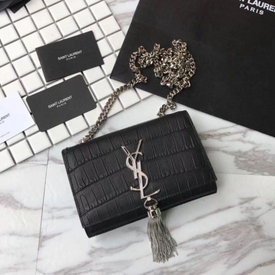 Fake Saint Laurent Small Kate Monogram Tassel Croco Leather Shoulder Bag Black Replica Replica Saint Laurent Small Kate Monogram Tassel Croco Leather Shoulder Bag Black