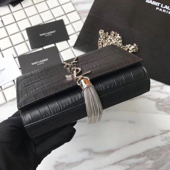 Fake Saint Laurent Small Kate Monogram Tassel Croco Leather Shoulder Bag Black Replica Replica Saint Laurent Small Kate Monogram Tassel Croco Leather Shoulder Bag Black