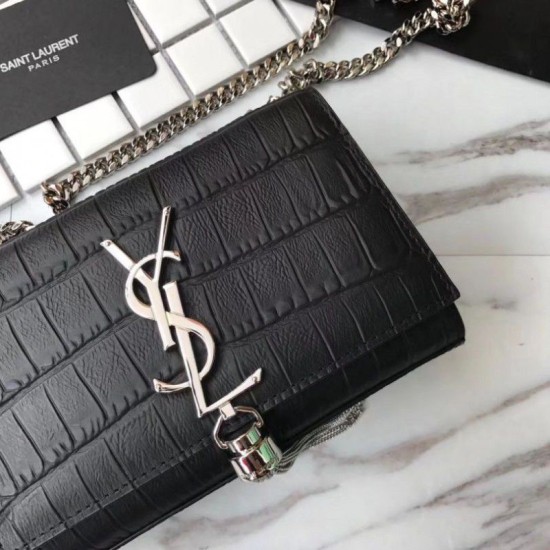 Fake Saint Laurent Small Kate Monogram Tassel Croco Leather Shoulder Bag Black Replica Replica Saint Laurent Small Kate Monogram Tassel Croco Leather Shoulder Bag Black
