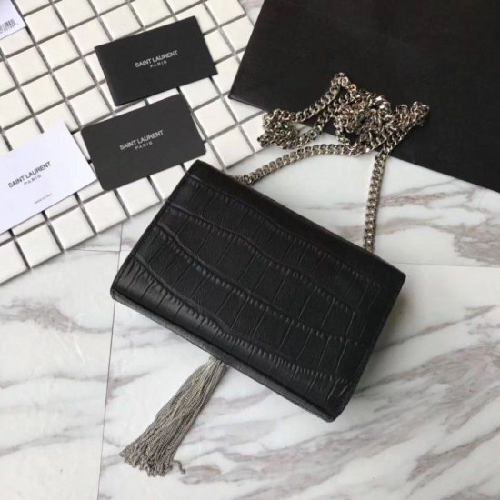 Fake Saint Laurent Small Kate Monogram Tassel Croco Leather Shoulder Bag Black Replica Replica Saint Laurent Small Kate Monogram Tassel Croco Leather Shoulder Bag Black