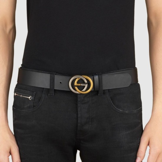 Replica Gucci Leather Belt With Bi-colour Interlocking G Buckle 295777 BGH0N 1000