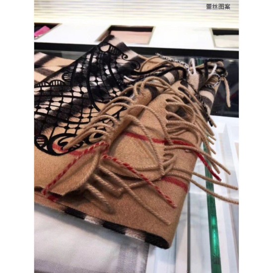 Fake Gucci Classic Cashmere Scarf in Check and Lace Camel Replica Replica Gucci Classic Cashmere Scarf in Check and Lace Camel