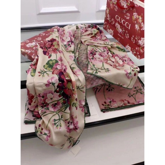 Fake Gucci Classic Geranium Double Print Silk Scarf Apricot Replica