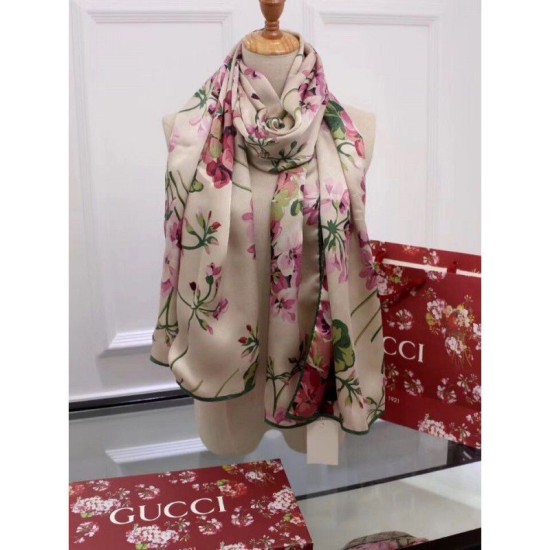 Fake Gucci Classic Geranium Double Print Silk Scarf Apricot Replica