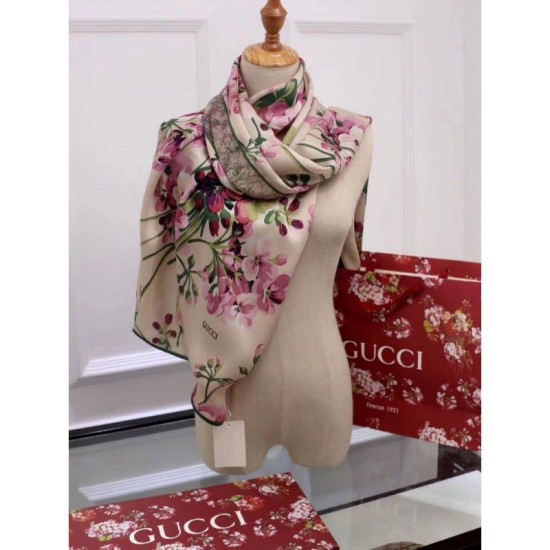 Fake Gucci Classic Geranium Double Print Silk Scarf Apricot Replica