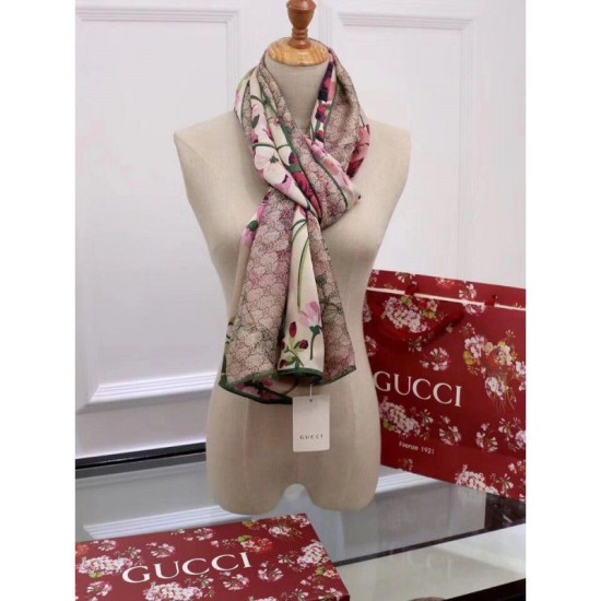 Fake Gucci Classic Geranium Double Print Silk Scarf Apricot Replica