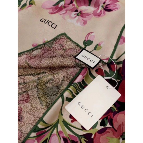 Fake Gucci Classic Geranium Double Print Silk Scarf Apricot Replica