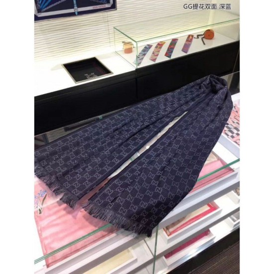 Fake Gucci GG Jacquard Pattern Knit Scarf With Fiinge Men Blue Replica