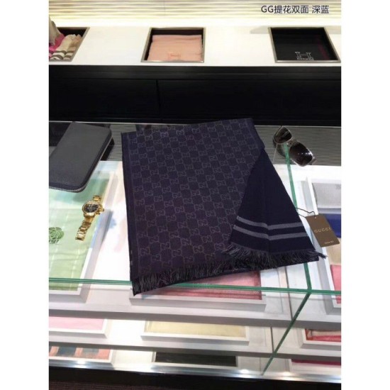 Fake Gucci GG Jacquard Pattern Knit Scarf With Fiinge Men Blue Replica