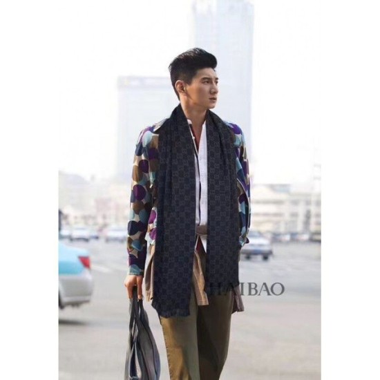 Fake Gucci GG Jacquard Pattern Knit Scarf With Fiinge Men Blue Replica