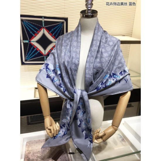 Fake Louis Vuitton Classic Monogram Silk Shawl light Blue 140 Replica