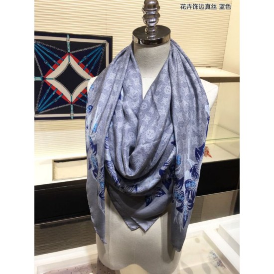 Fake Louis Vuitton Classic Monogram Silk Shawl light Blue 140 Replica