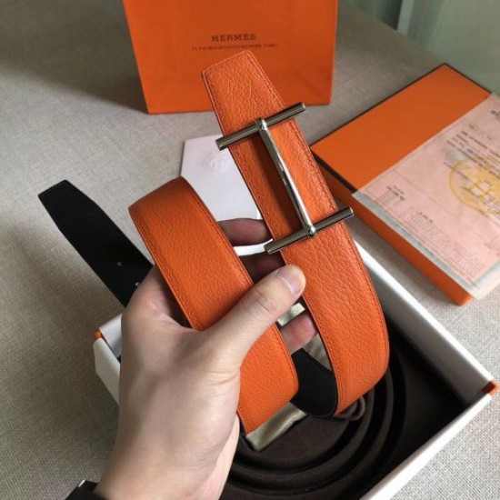 Replica Hermes H d'Ancre Reversible Belt Orange/Noir Leather Fake Hermes H d'Ancre Reversible Belt Orange/Noir Leather Replica