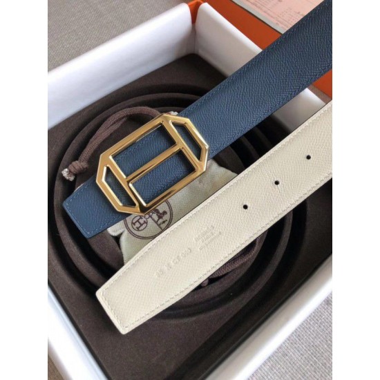 Fake Hermes Pad Reversible Belt Blue/White Epsom Leather Replica Replica Hermes Pad Reversible Belt Blue/White Epsom Leather