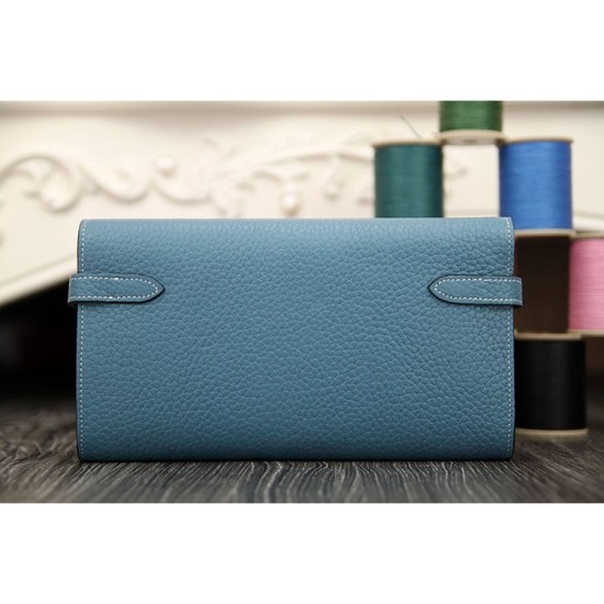 Replica Hermes Kelly Longue Wallet In Jean Blue Clemence Leather