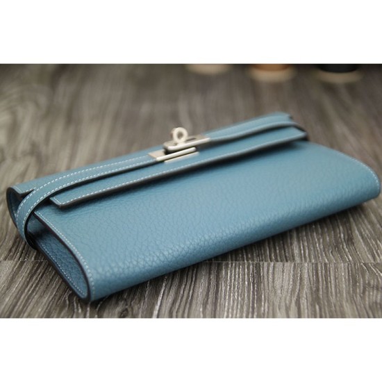 Replica Hermes Kelly Longue Wallet In Jean Blue Clemence Leather
