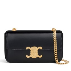 Fake Celine Chain Shoulder Bag Triomphe In Shiny Calfskin Black Replica