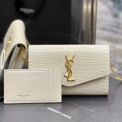 Replica YSL Saint Laurent Uptown Chain Wallet In Crocodile-Embossed Shiny Leather White