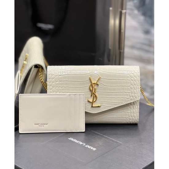 Replica YSL Saint Laurent Uptown Chain Wallet In Crocodile-Embossed Shiny Leather White Replica YSL Saint Laurent Uptown Chain Wallet In Crocodile-Embossed Shiny Leather White