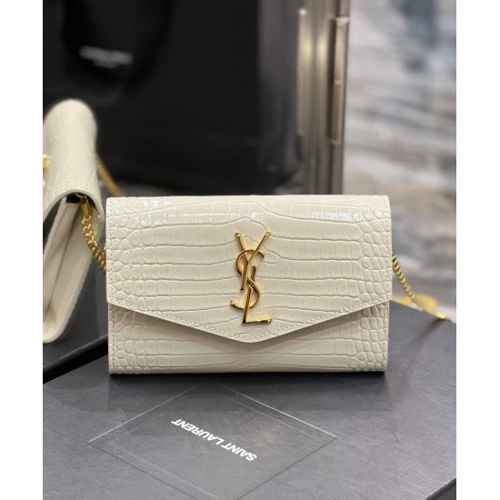 Replica YSL Saint Laurent Uptown Chain Wallet In Crocodile-Embossed Shiny Leather White Replica YSL Saint Laurent Uptown Chain Wallet In Crocodile-Embossed Shiny Leather White