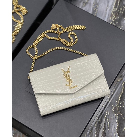 Replica YSL Saint Laurent Uptown Chain Wallet In Crocodile-Embossed Shiny Leather White Replica YSL Saint Laurent Uptown Chain Wallet In Crocodile-Embossed Shiny Leather White