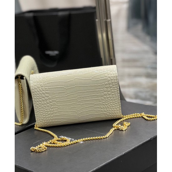 Replica YSL Saint Laurent Uptown Chain Wallet In Crocodile-Embossed Shiny Leather White Replica YSL Saint Laurent Uptown Chain Wallet In Crocodile-Embossed Shiny Leather White