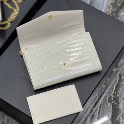 Replica YSL Saint Laurent Uptown Chain Wallet In Crocodile-Embossed Shiny Leather White
