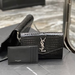 Replica YSL Saint Laurent Uptown Chain Wallet In Crocodile-Embossed Shiny Leather Black