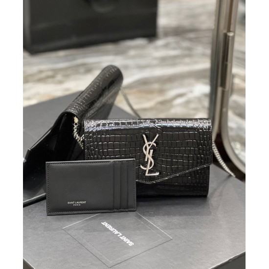 Fake YSL Saint Laurent Uptown Chain Wallet In Crocodile-Embossed Shiny Leather Black Replica Replica YSL Saint Laurent Uptown Chain Wallet In Crocodile-Embossed Shiny Leather Black