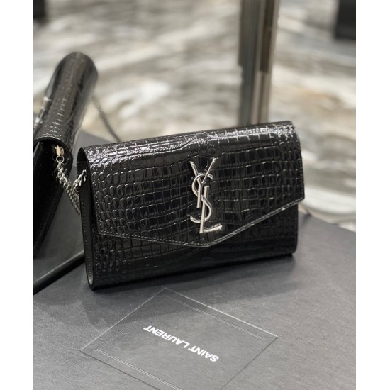 Fake YSL Saint Laurent Uptown Chain Wallet In Crocodile-Embossed Shiny Leather Black Replica Replica YSL Saint Laurent Uptown Chain Wallet In Crocodile-Embossed Shiny Leather Black