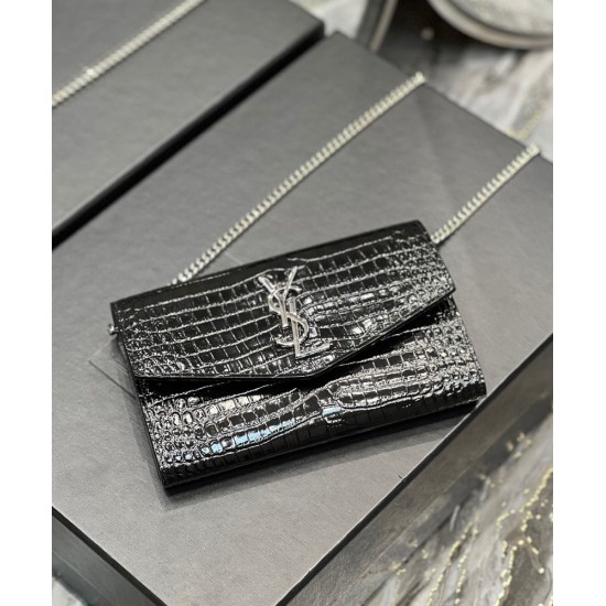 Fake YSL Saint Laurent Uptown Chain Wallet In Crocodile-Embossed Shiny Leather Black Replica Replica YSL Saint Laurent Uptown Chain Wallet In Crocodile-Embossed Shiny Leather Black