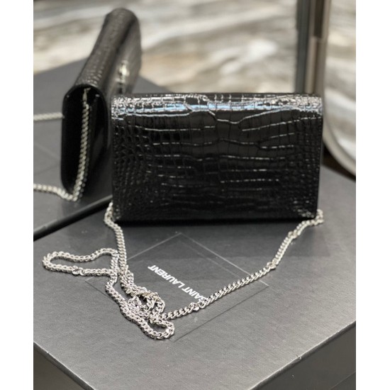 Fake YSL Saint Laurent Uptown Chain Wallet In Crocodile-Embossed Shiny Leather Black Replica Replica YSL Saint Laurent Uptown Chain Wallet In Crocodile-Embossed Shiny Leather Black