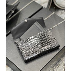 Fake YSL Saint Laurent Uptown Chain Wallet In Crocodile-Embossed Shiny Leather Black Replica Replica YSL Saint Laurent Uptown Chain Wallet In Crocodile-Embossed Shiny Leather Black