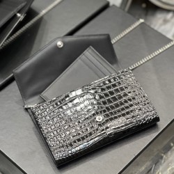 Replica YSL Saint Laurent Uptown Chain Wallet In Crocodile-Embossed Shiny Leather Black