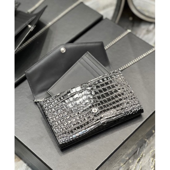Fake YSL Saint Laurent Uptown Chain Wallet In Crocodile-Embossed Shiny Leather Black Replica Replica YSL Saint Laurent Uptown Chain Wallet In Crocodile-Embossed Shiny Leather Black