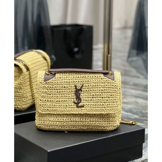 Replica YSL Saint Laurent Niki Medium Chain Bag In Raffia And Leather Apricot Fake YSL Saint Laurent Niki Medium Chain Bag In Raffia And Leather Apricot Replica
