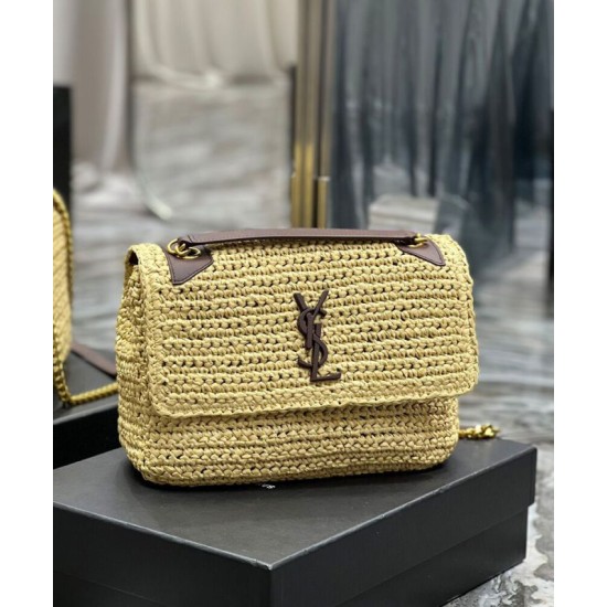 Replica YSL Saint Laurent Niki Medium Chain Bag In Raffia And Leather Apricot Fake YSL Saint Laurent Niki Medium Chain Bag In Raffia And Leather Apricot Replica