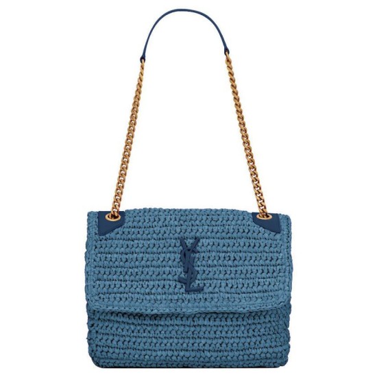 Replica YSL Saint Laurent Niki Medium Chain Bag In Raffia And Leather Blue Fake YSL Saint Laurent Niki Medium Chain Bag In Raffia And Leather Blue Replica