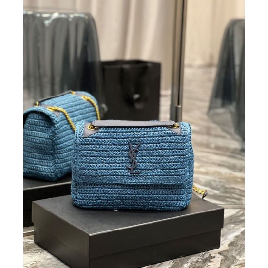 Replica YSL Saint Laurent Niki Medium Chain Bag In Raffia And Leather Blue Fake YSL Saint Laurent Niki Medium Chain Bag In Raffia And Leather Blue Replica