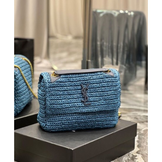 Replica YSL Saint Laurent Niki Medium Chain Bag In Raffia And Leather Blue Fake YSL Saint Laurent Niki Medium Chain Bag In Raffia And Leather Blue Replica