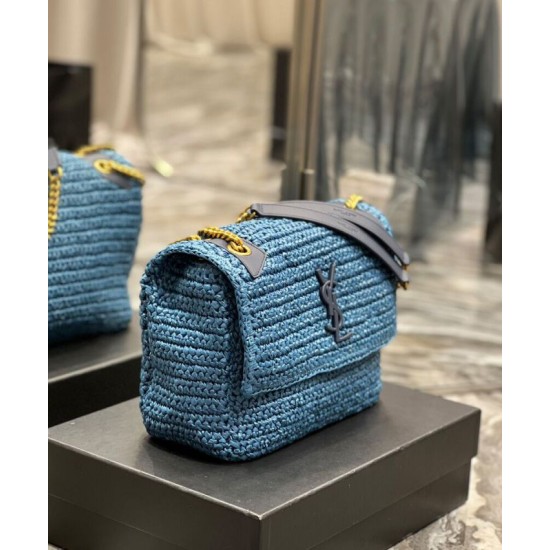 Replica YSL Saint Laurent Niki Medium Chain Bag In Raffia And Leather Blue Fake YSL Saint Laurent Niki Medium Chain Bag In Raffia And Leather Blue Replica