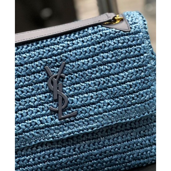 Replica YSL Saint Laurent Niki Medium Chain Bag In Raffia And Leather Blue Fake YSL Saint Laurent Niki Medium Chain Bag In Raffia And Leather Blue Replica